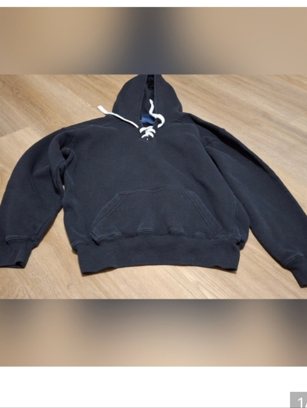 J. America Black Sweatshirt Hooded with White Lace Drawstrings Size Small